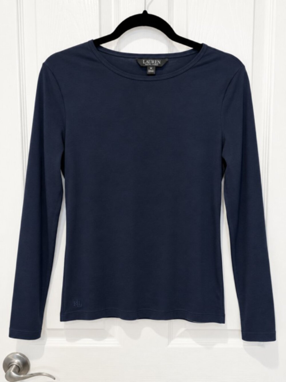 Lauren Ralph Lauren Womens M Navy Long Sleeve Crew Neck Stretch Cotton Top
